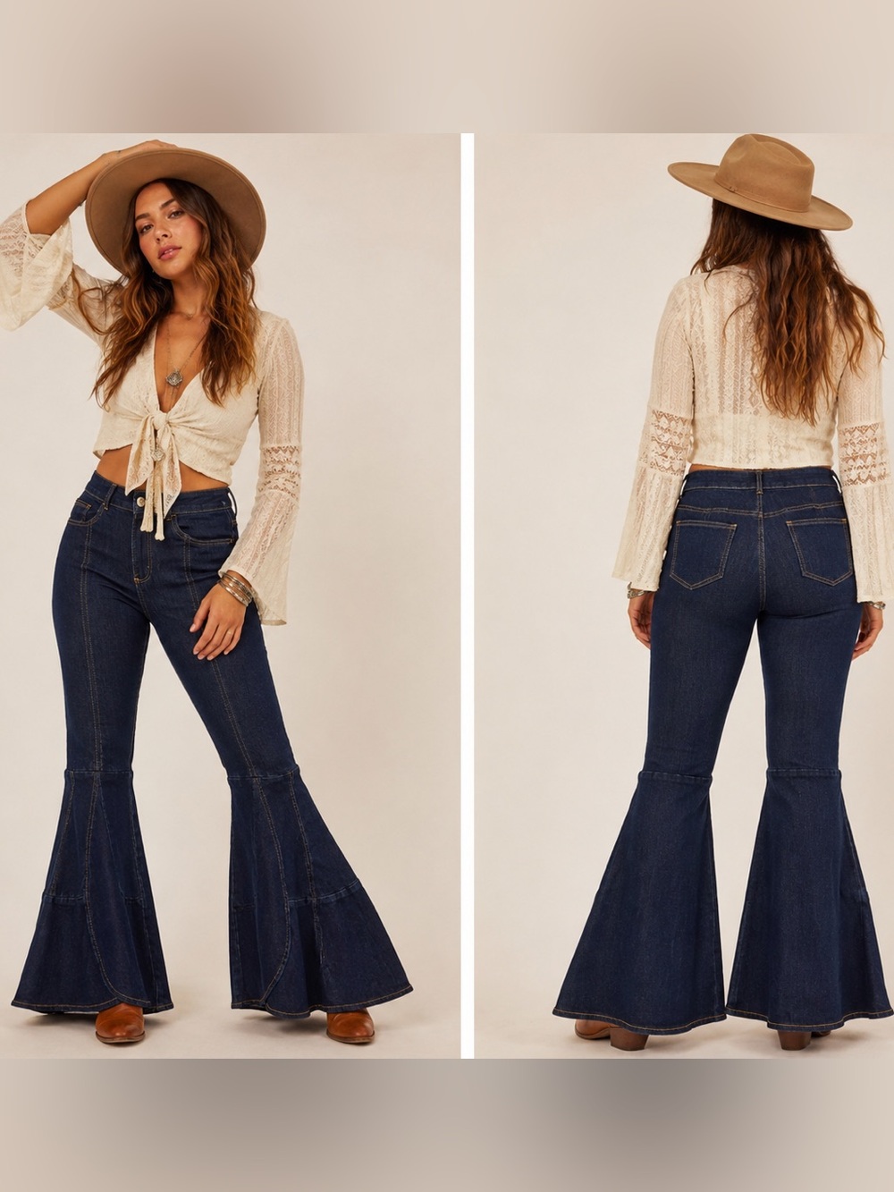VENUS Dark Blue 70’s Western Boho Flare Bell Bottom 70’s Wide-Leg Jeans Size 14 - Picture 6 of 6